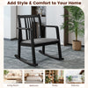 Black rocking chair with slatted back, curved armrests, and soft linen seat, perfect for living room or balcony.