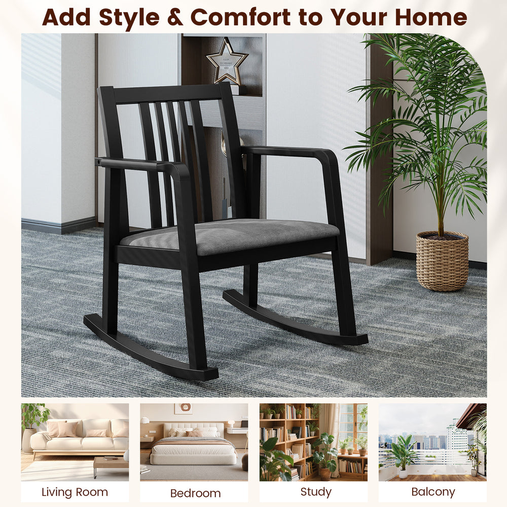 Black rocking chair with slatted back, curved armrests, and soft linen seat, perfect for living room or balcony.
