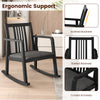 Black rocking chair with slatted back, curved armrests, and ergonomic design for comfortable relaxation.