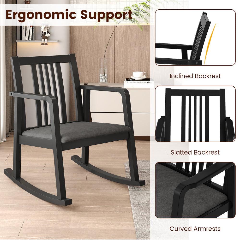 Black rocking chair with slatted back, curved armrests, and ergonomic design for comfortable relaxation.
