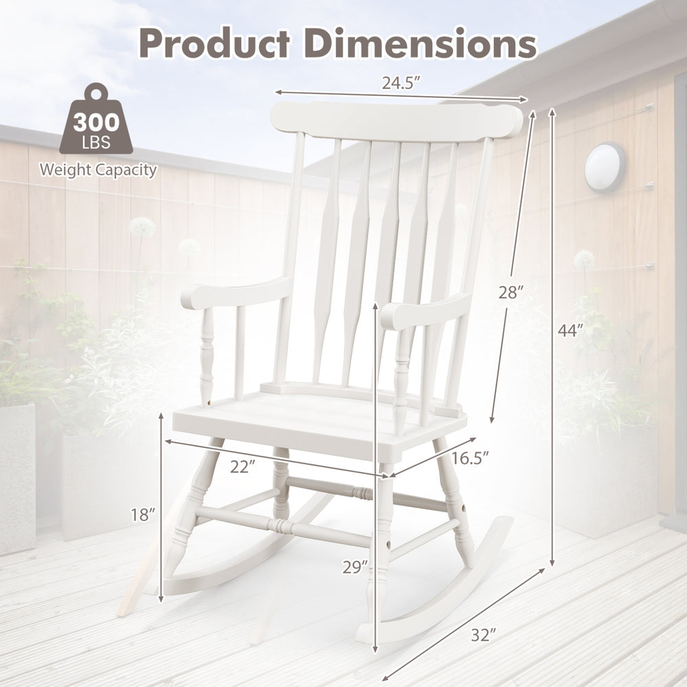 Rocking chair dimensions with solid rubber wood frame, designed for comfort and durability, ideal for garden and patio.