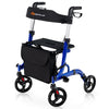 Folding aluminum rollator walker in blue with 8-inch wheels, seat, and adjustable height for enhanced mobility support.