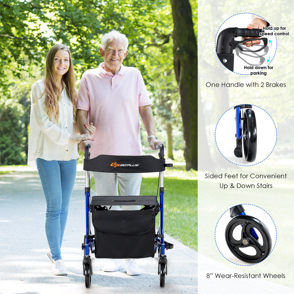 Folding aluminum rollator walker with 8-inch wheels, featuring a hand brake and convenient stair assist pedals for safe.