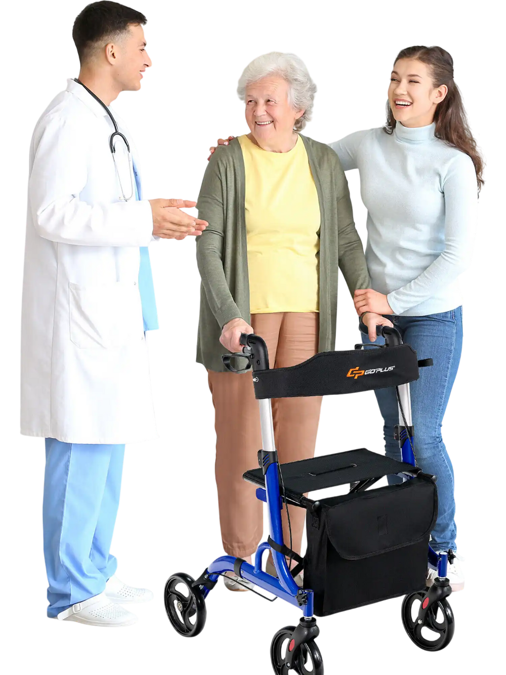 Folding aluminum rollator walker in blue with 8-inch wheels, featuring a hand brake for speed control and stability.