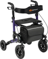 Folding rollator walker in purple with padded seat, adjustable height, and oversized wheels for comfortable mobility.