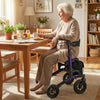 Purple rollator walker with seat, featuring oversized wheels and ergonomic handles, perfect for seniors' indoor use.