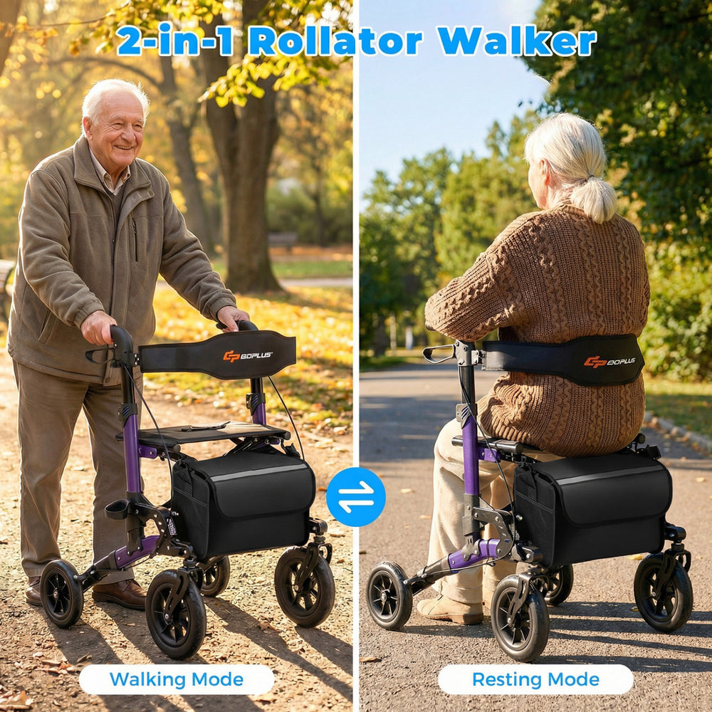2-in-1 Rollator walker in purple, shown in walking mode with oversized wheels and padded seat for seniors' comfort.