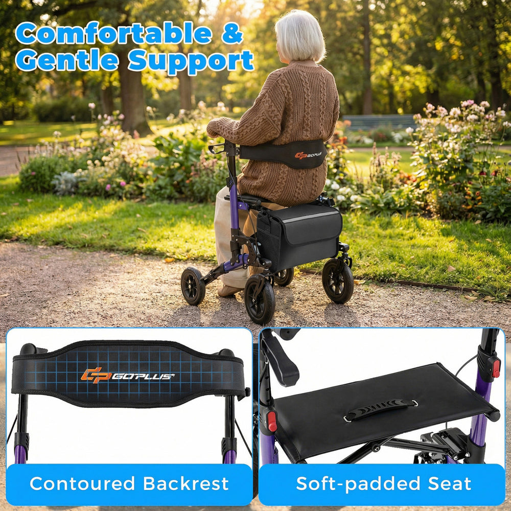 Rollator walker with soft-padded seat and contoured backrest, designed for seniors, offering comfortable support and.