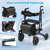Folding rollator walker in purple with padded seat, mesh bag, and ergonomic handles for seniors' comfort and mobility.