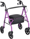 Purple rollator walker with seat, height adjustable handles, and storage bag, ideal for stable and comfortable mobility.