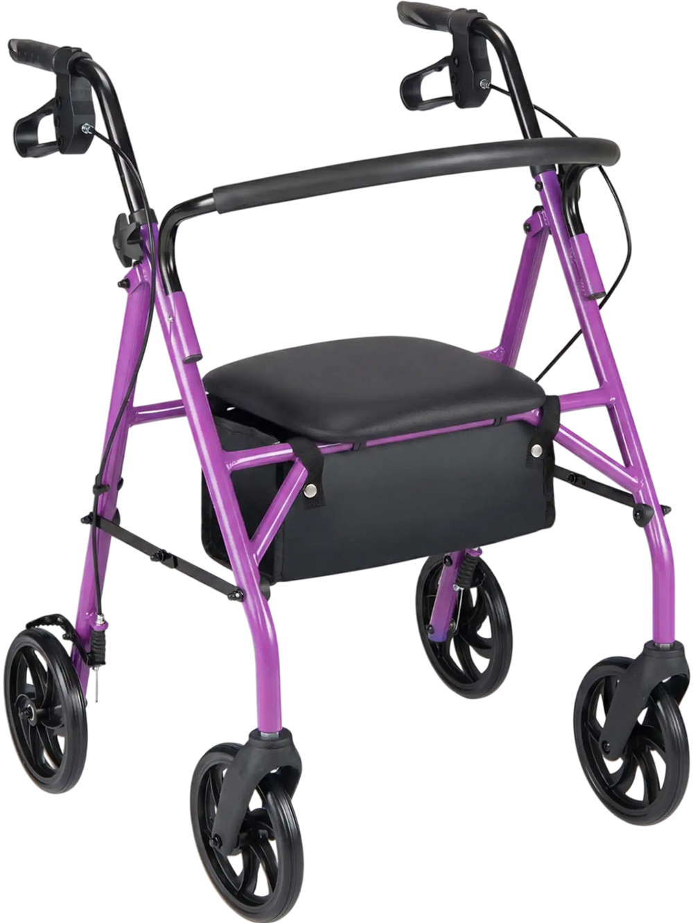 Purple rollator walker with seat, height adjustable handles, and storage bag, ideal for stable and comfortable mobility.