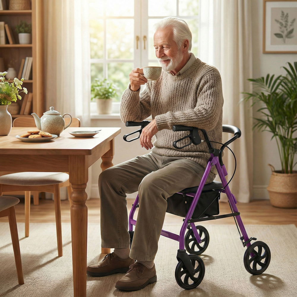 Purple rollator walker with seat, adjustable handles, and storage bag, ideal for indoor use and resting.