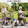 Purple rollator walker with seat, adjustable handles, and storage bag, shown in use as a walker and resting chair.