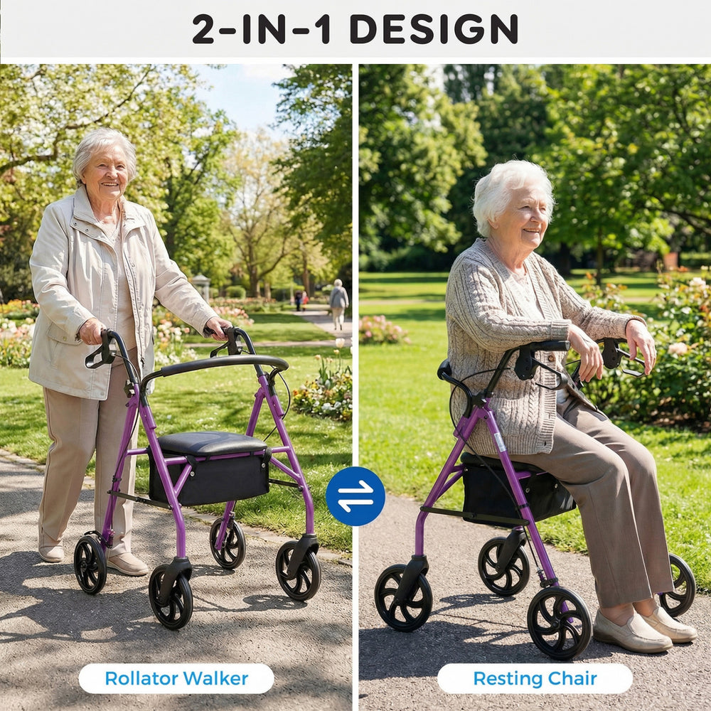 Purple rollator walker with seat, adjustable handles, and storage bag, shown in use as a walker and resting chair.