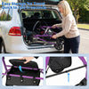 Rollator walker with seat in purple, showcasing easy folding for travel and storage in a car trunk.
