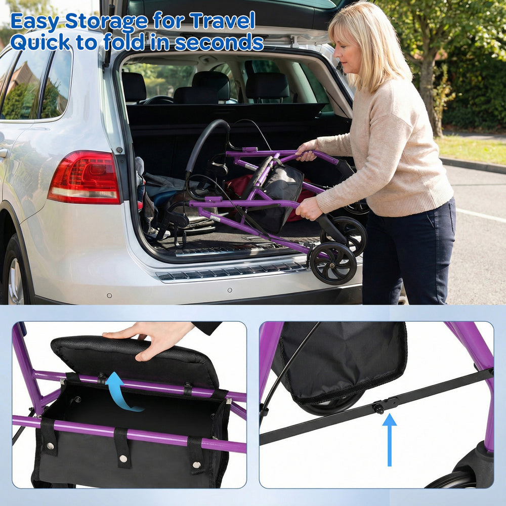 Rollator walker with seat in purple, showcasing easy folding for travel and storage in a car trunk.