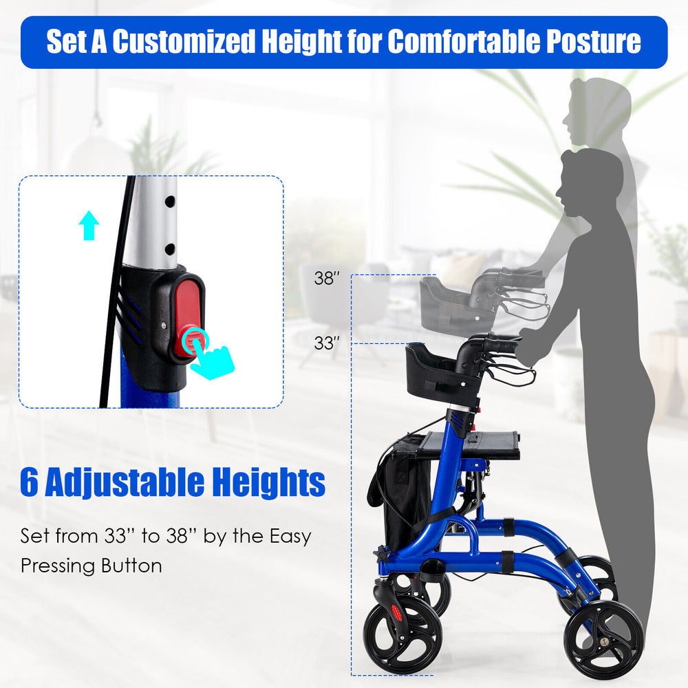 Folding aluminum rollator walker with adjustable height, 8-inch wheels, and seat for comfortable mobility assistance.
