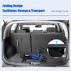 Folding aluminum rollator walker with 8-inch wheels, compactly stored in a car trunk for easy transport and storage.