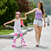 A girl roller skating in rose red adjustable skates with light-up wheels, enjoying outdoor fun with her mother.
