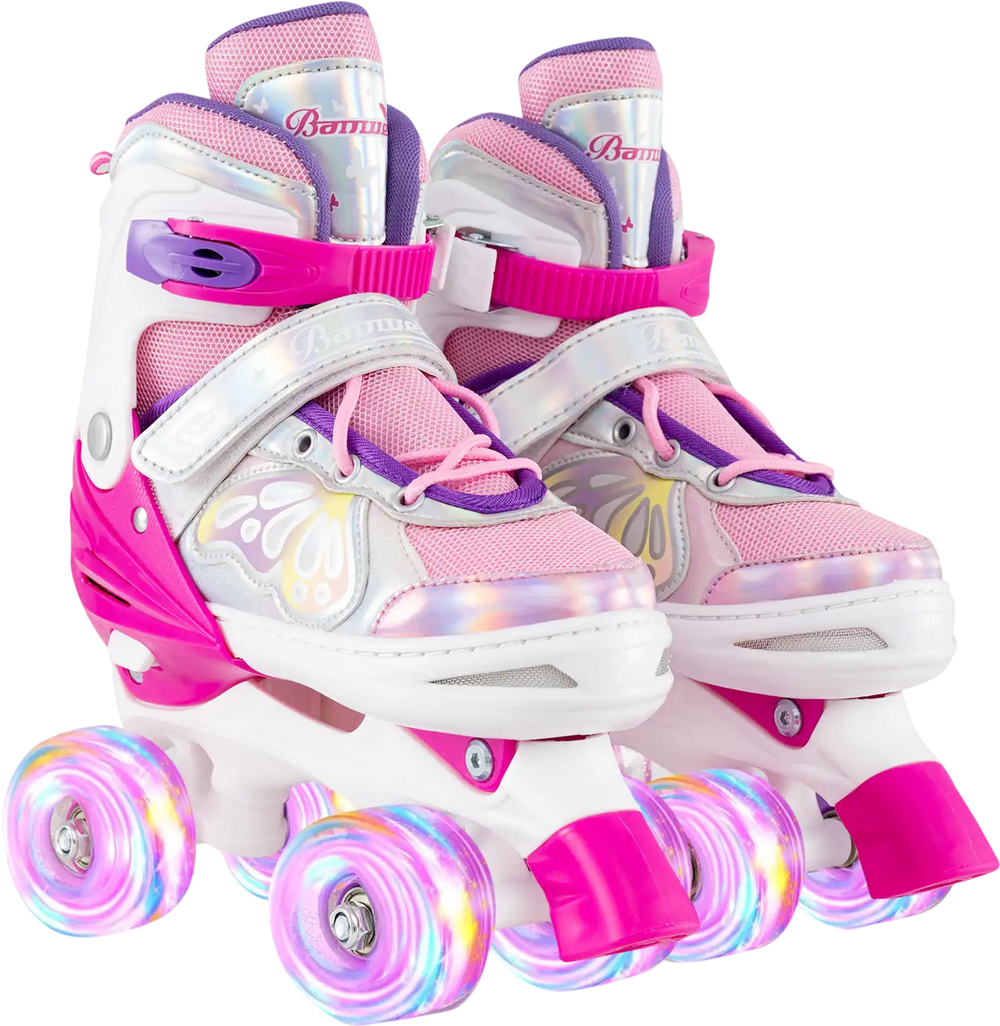 Adjustable roller skates for teens in rose red with light-up wheels, featuring a butterfly design and breathable mesh.