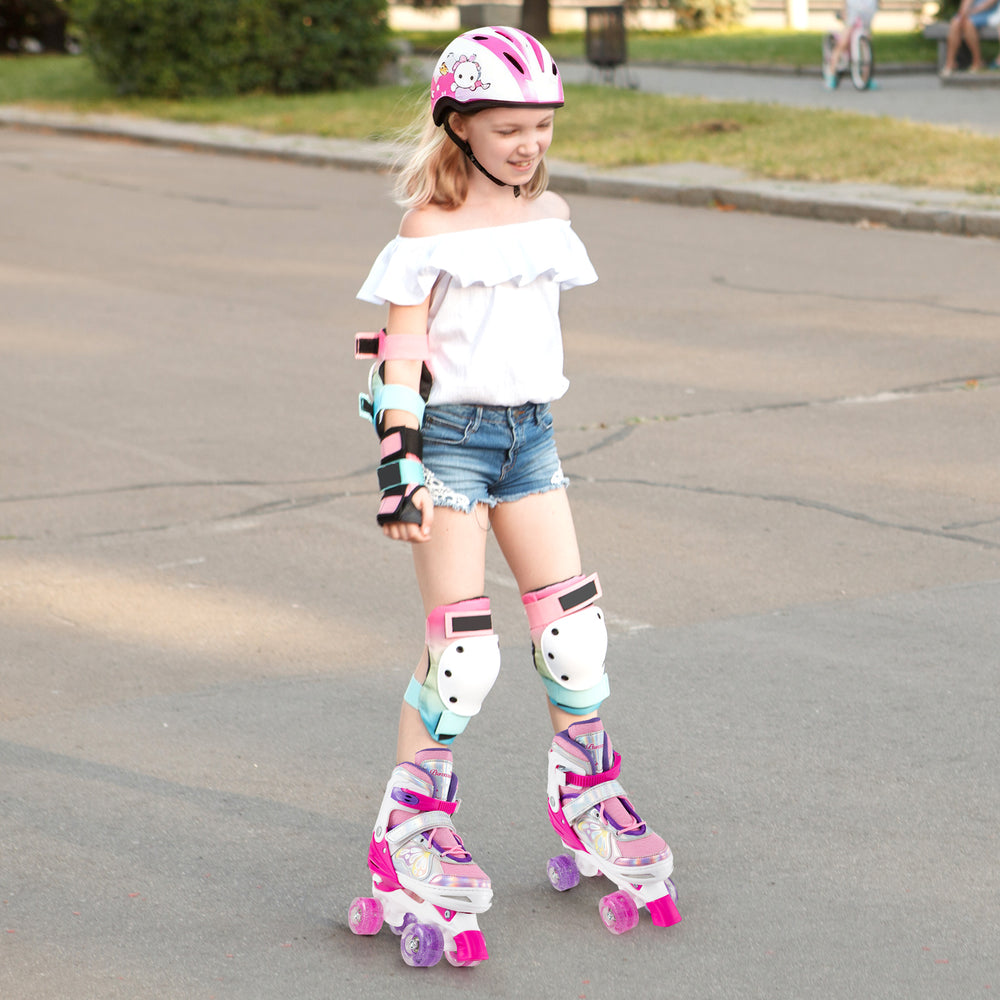 Adjustable roller skates in rose red with light-up wheels, designed for teens, perfect for fun outdoor activities.