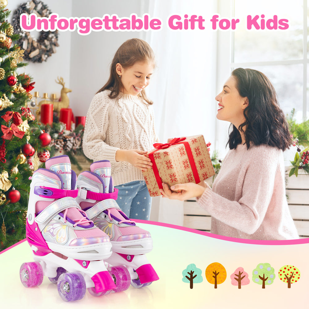 Adjustable roller skates in rose red with light-up wheels, perfect gift for kids ages 13+, enhancing balance and fun.