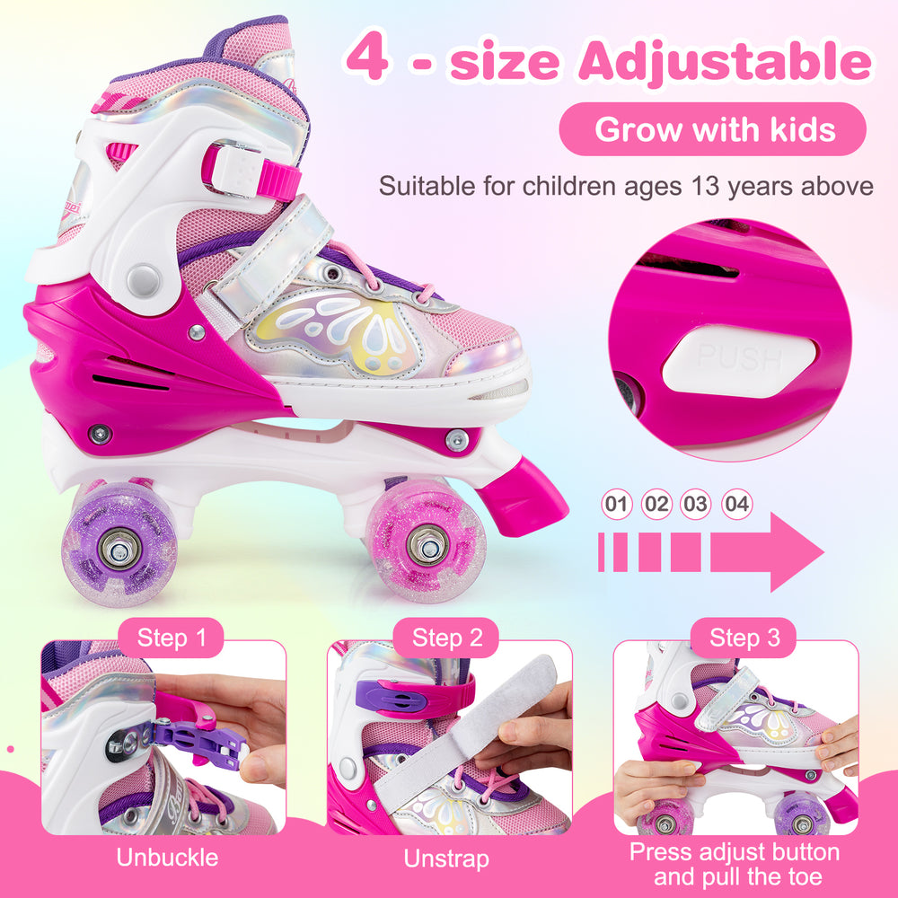 Adjustable roller skates in rose red with light-up wheels, designed for teens aged 13+, featuring a secure strap and.