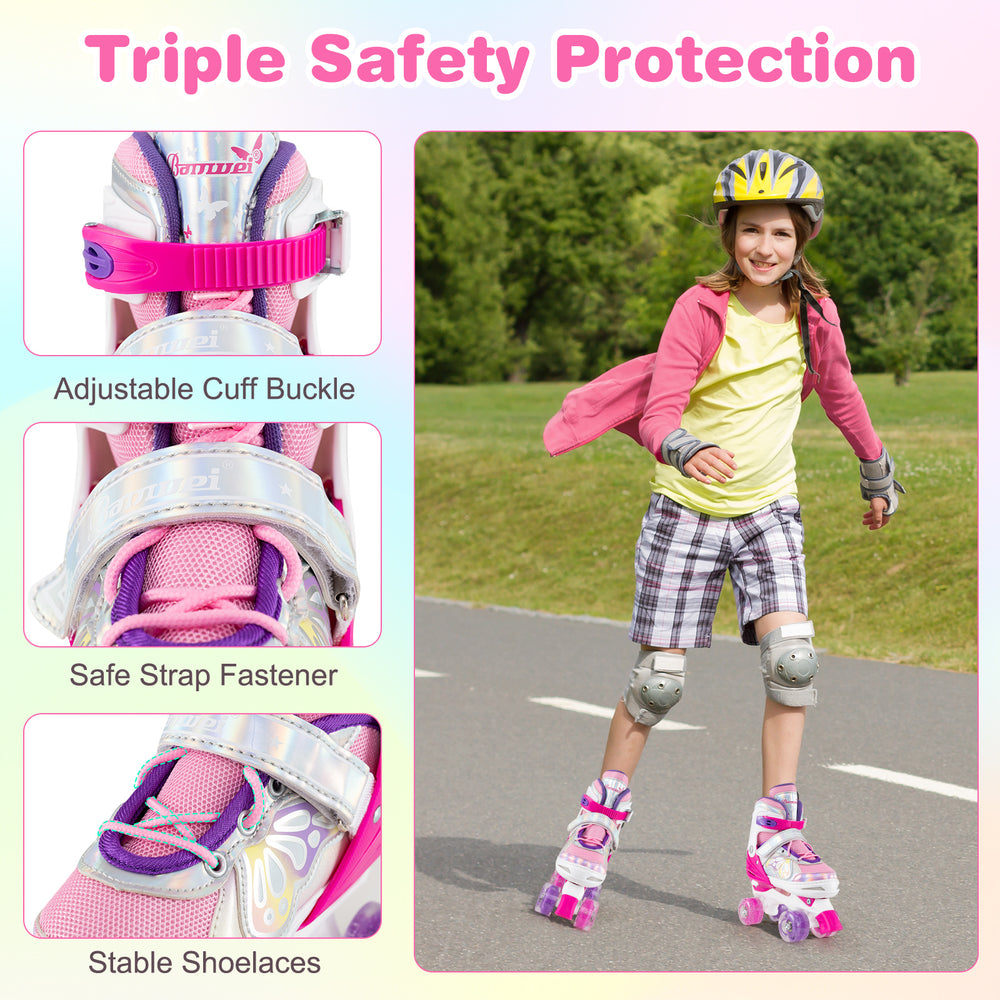 Adjustable roller skates in rose red with light-up wheels, featuring safety strap fastener and adjustable cuff buckle.