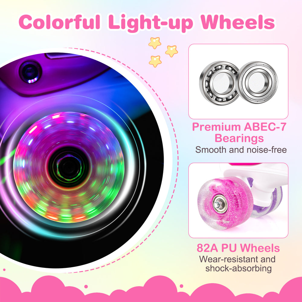 Colorful light-up wheels of adjustable roller skates for teens, featuring premium ABEC-7 bearings and 82A PU material.