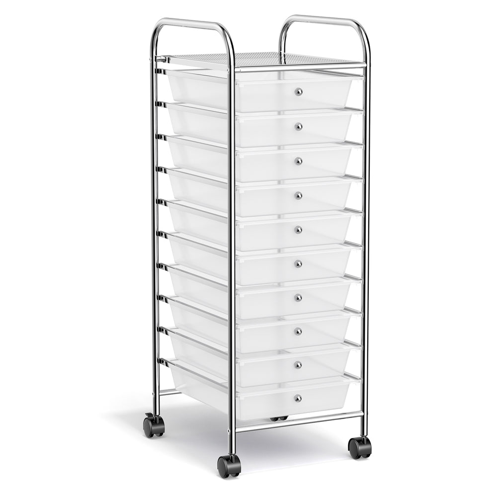 10-drawer rolling storage cart with chrome plated steel frame and clear drawers, ideal for organizing supplies in any.