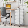 10-drawer rolling storage cart with chrome frame and clear drawers, ideal for organizing supplies in any space.
