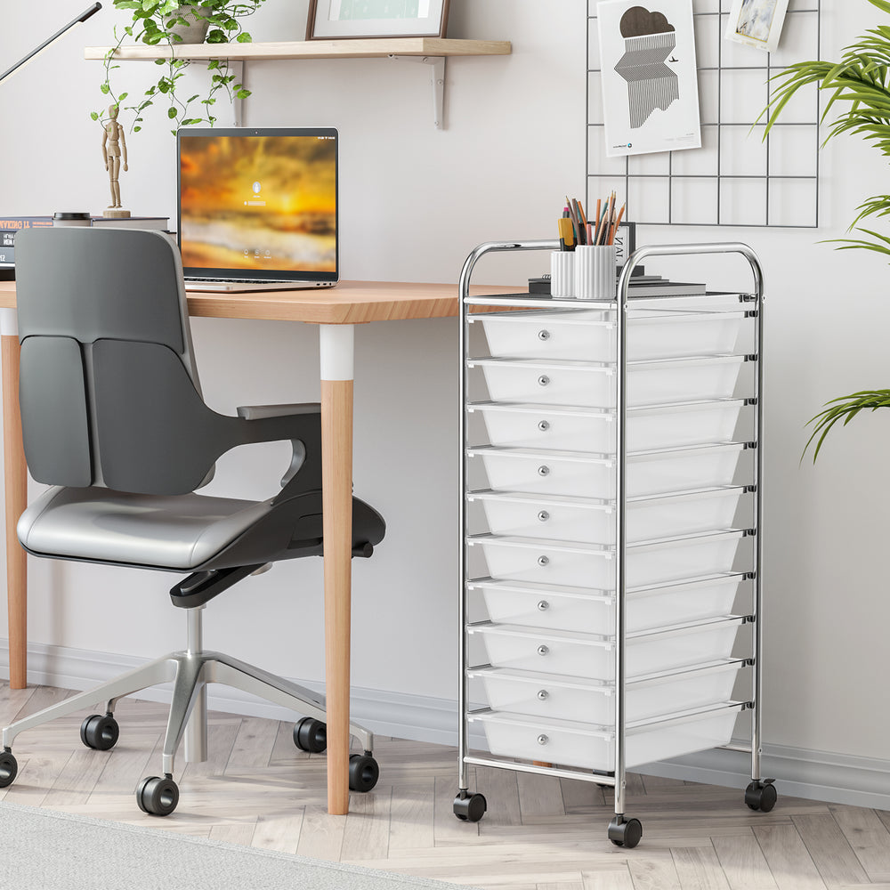 10-drawer rolling storage cart with chrome frame and clear drawers, ideal for organizing supplies in any space.