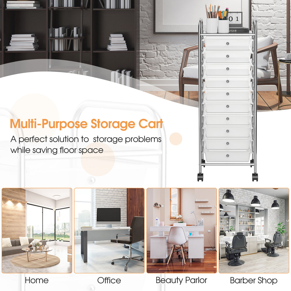 10-drawer rolling storage cart with chrome plated steel frame and casters, perfect for organizing supplies in any space.