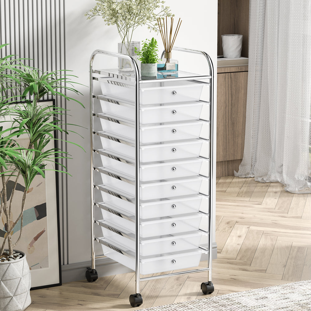 10-drawer rolling storage cart organizer with chrome plated steel frame and casters, ideal for home or office use.