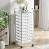 10-drawer rolling storage cart organizer with chrome plated steel frame and casters, ideal for home or office use.