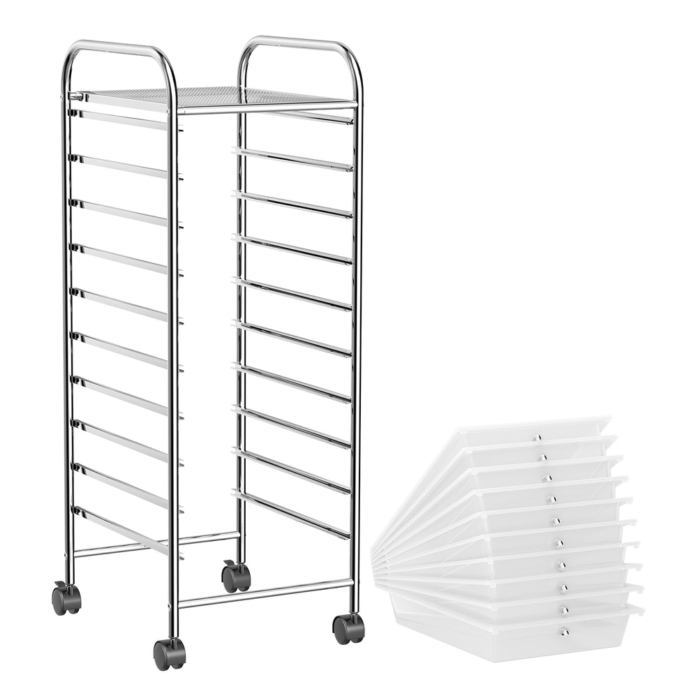 10-drawer rolling storage cart with chrome-plated steel frame and 4 casters, ideal for organizing supplies in any space.