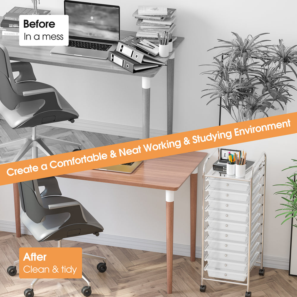 10-drawer rolling storage cart organizer with chrome frame and casters, ideal for office or home organization.