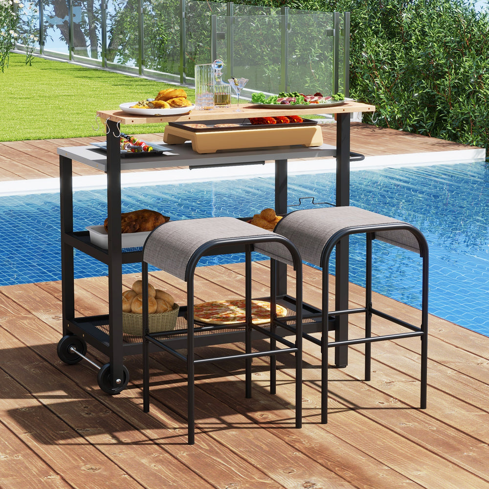 Rolling bar cart with flip-up table, hooks, and 3-tier storage, perfect for outdoor kitchens and patios.