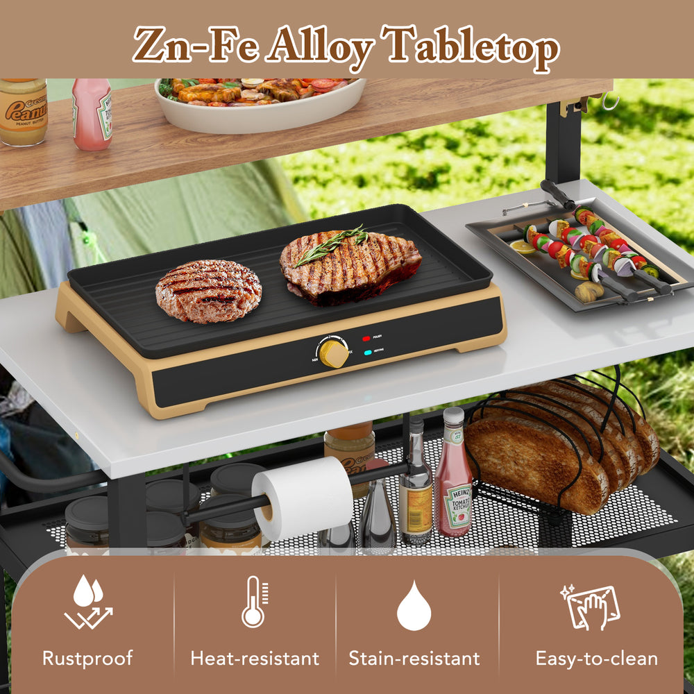 Rolling bar cart featuring a rust-resistant Zn-Fe alloy tabletop, ideal for grilling and outdoor kitchen use.