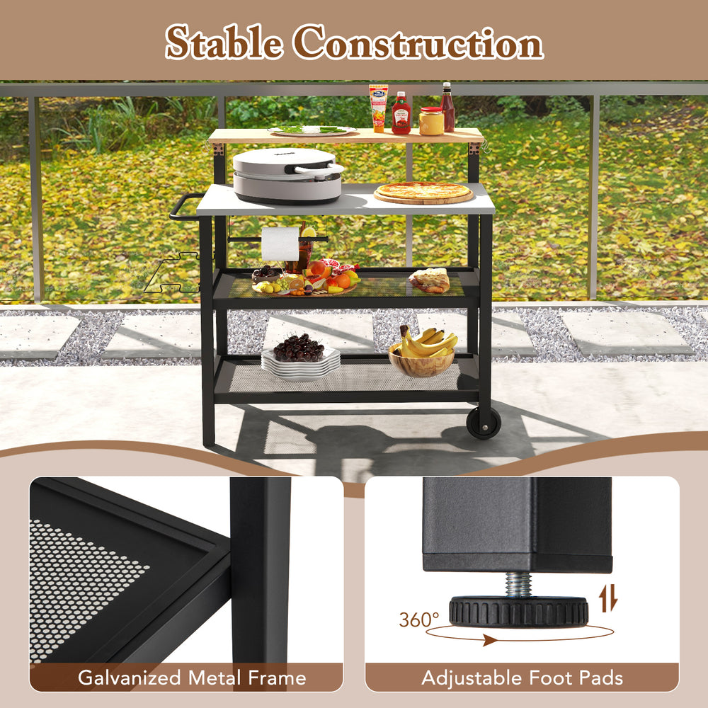Rolling bar cart with a flip-up table, galvanized metal frame, and adjustable foot pads for versatile kitchen use.