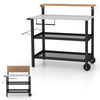 Rolling bar cart with a flip-up table, black metal frame, and wooden top, ideal for kitchen and patio use.