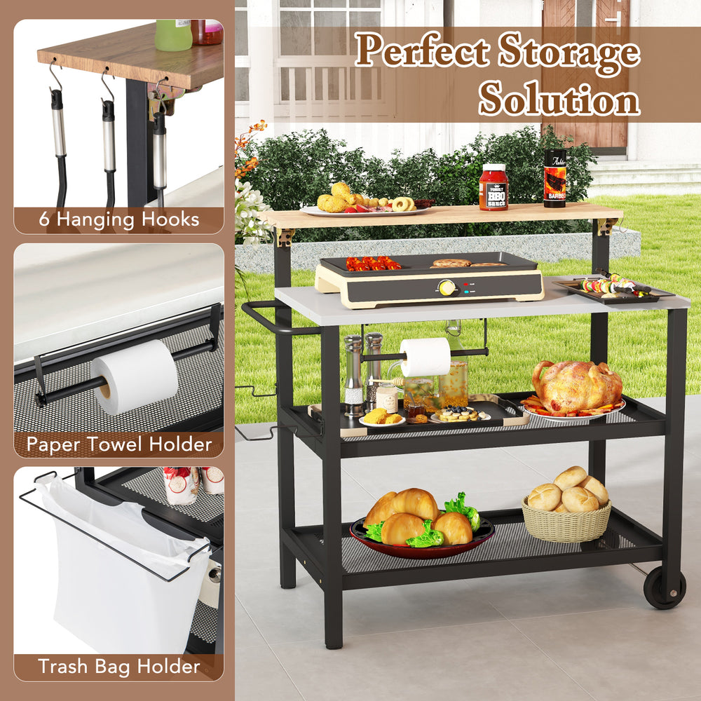 Rolling bar cart with a flip-up table, 6 hooks, and a paper towel holder for versatile kitchen and outdoor use.