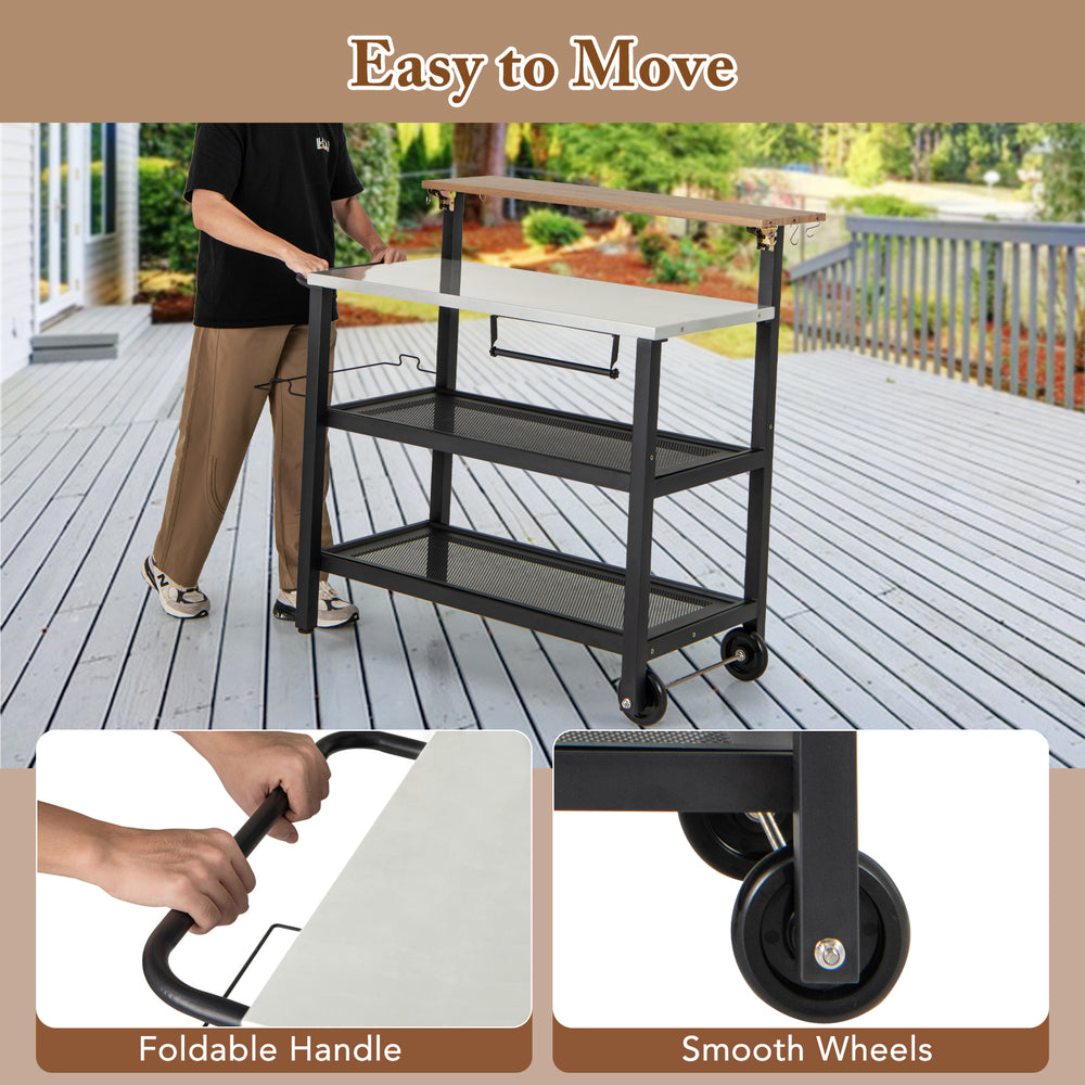 Rolling bar cart with a flip-up table, foldable handle, and smooth wheels for versatile kitchen and patio use.