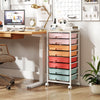 Rolling cart with 8 drawers in various colors, featuring a sturdy metal frame and foldable side panels for extra workspace.