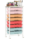 Rolling cart with 8 removable drawers and a wooden tabletop, ideal for home and office organization on wheels.