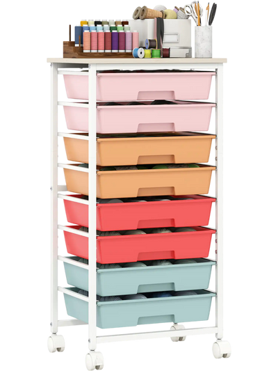 Costway Rolling Storage Cart 8-Drawer Wooden Tabletop Lockable Wheels Home Office File Cabinet 80133108 New