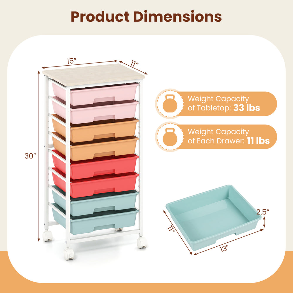 Rolling cart with 8 removable drawers, sturdy metal frame, and wooden tabletop, ideal for home or office organization.