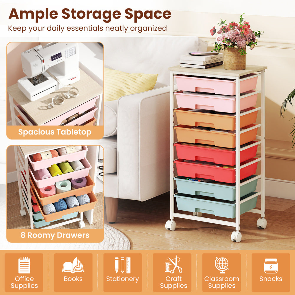 Rolling cart with 8 removable drawers and a spacious tabletop, ideal for organizing office supplies and craft materials.