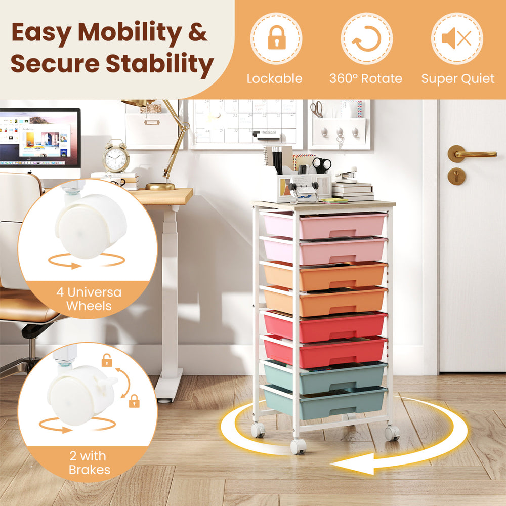 Rolling cart with 8 drawers, featuring a sturdy metal frame, 360° swivel wheels, and foldable side panels for extra workspace.