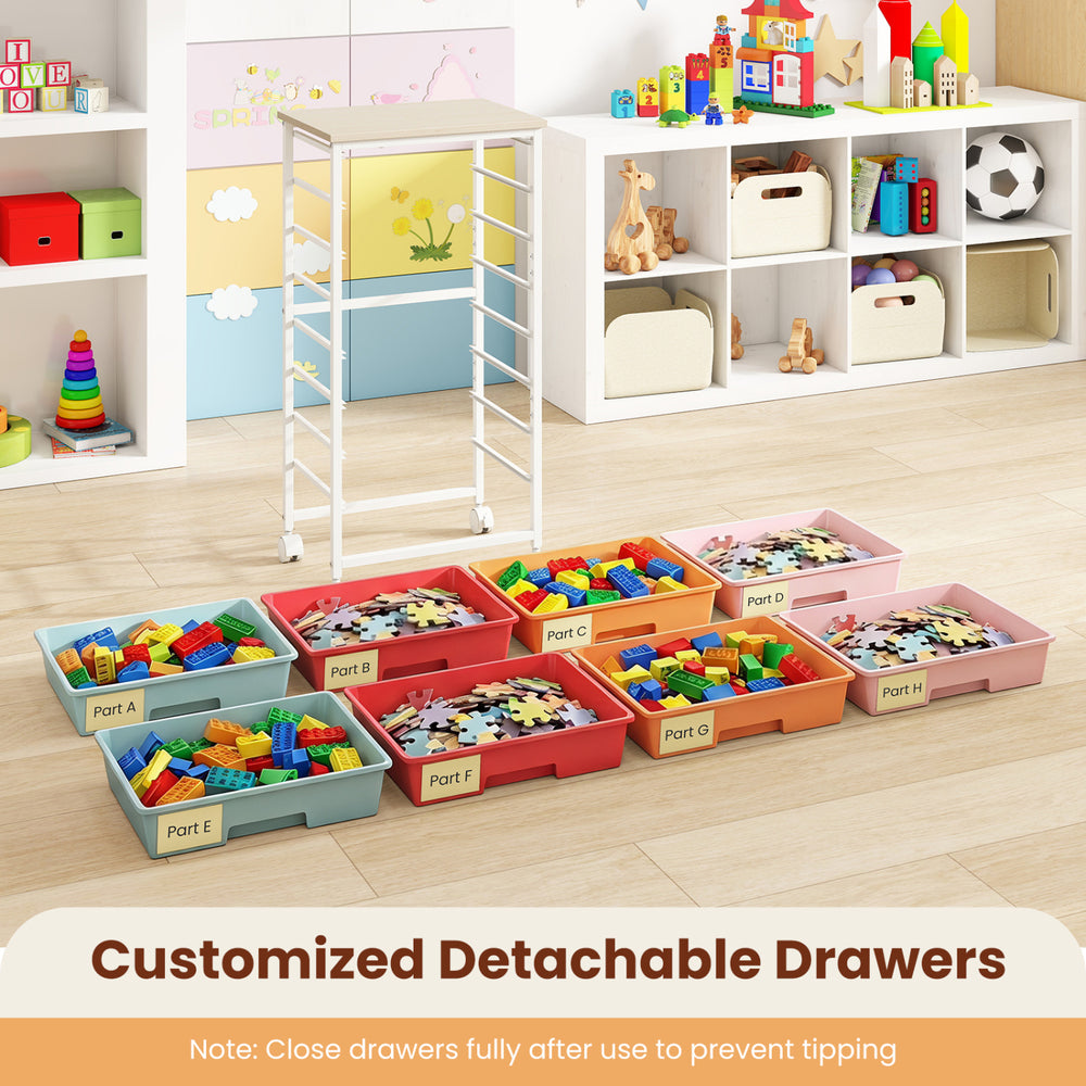 Rolling cart with eight removable drawers in various colors, ideal for organizing crafts, toys, or office supplies.